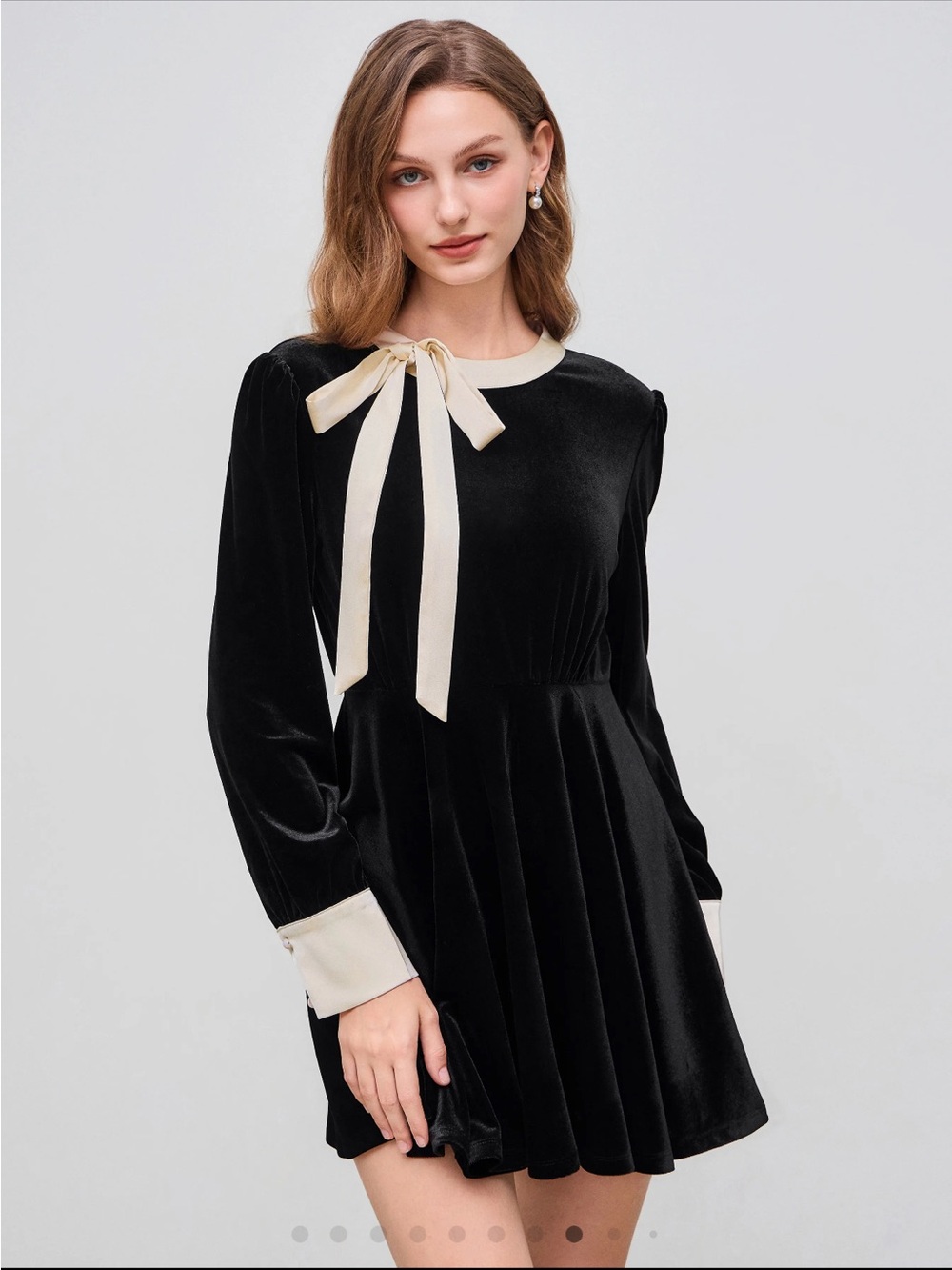 Cider Black Velvet Mini Dress with Cream Bow Collar